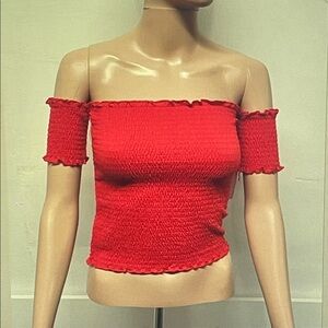 Crave Fame Bright Red Off-Shoulder Smocked Crop Top